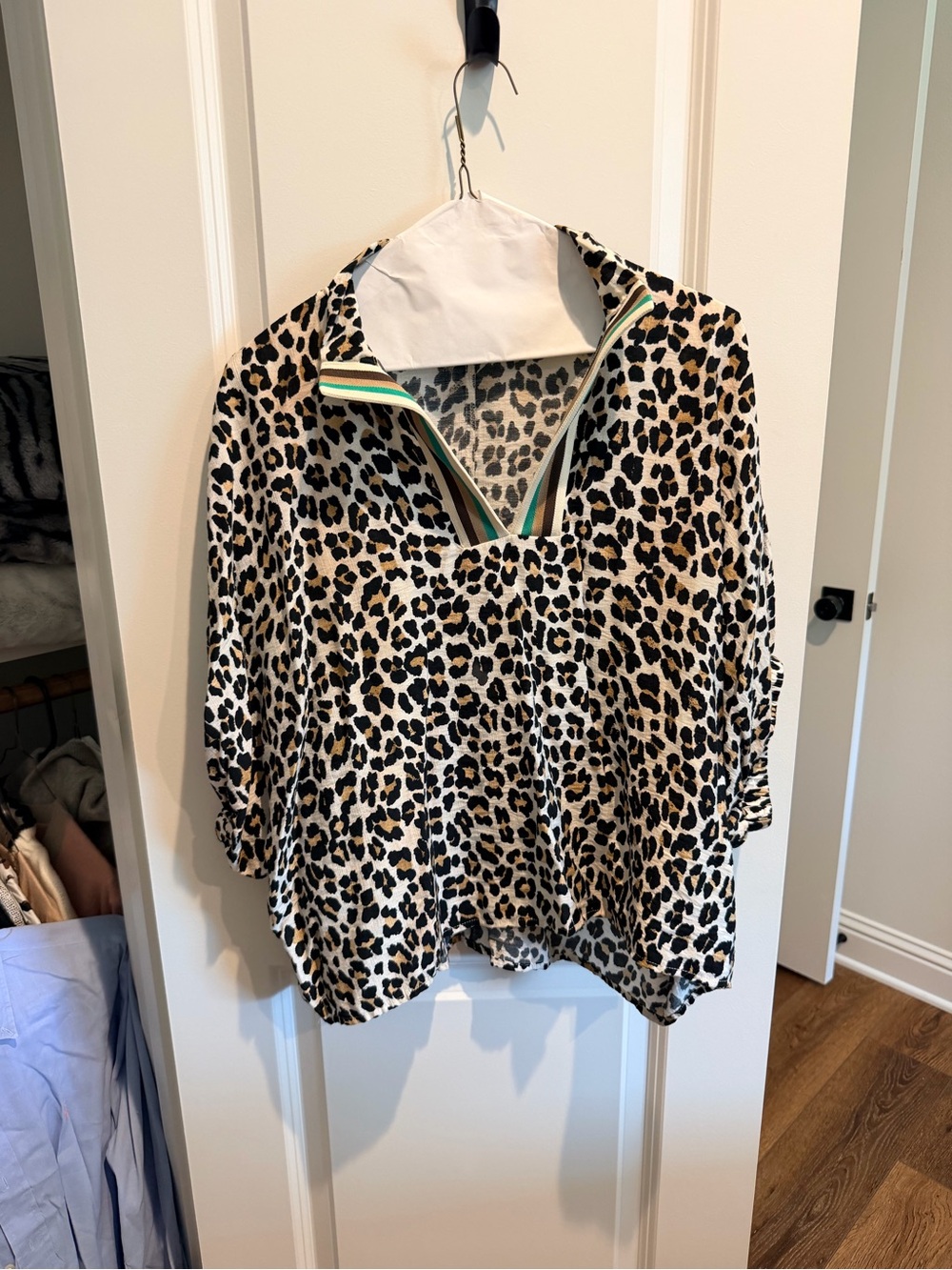 Leopard Print V-Neck Pullover Blouse with Striped Trim - Beige/Black